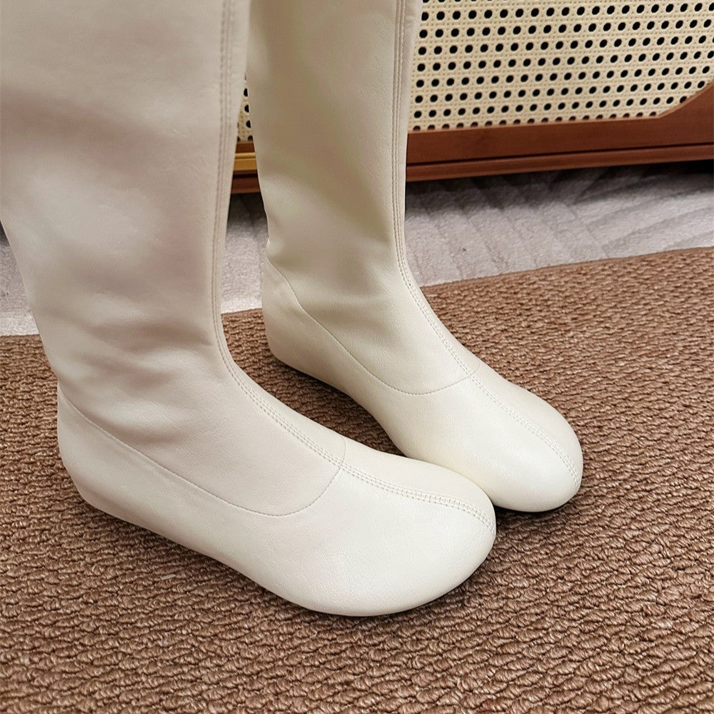Round Toe Invisible Elevated Flat High Thin Solid Color Pile Boots