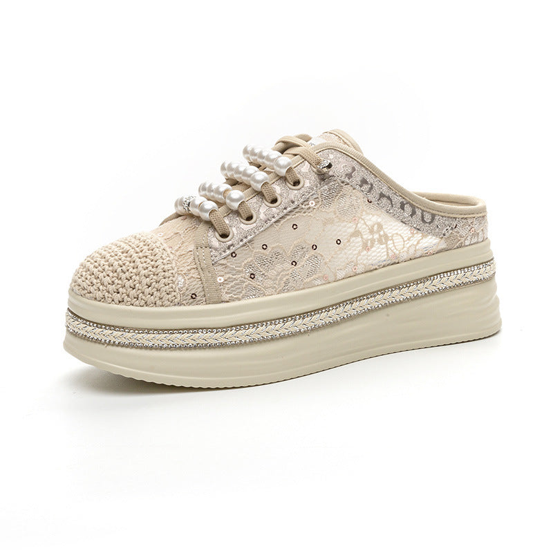 Women's Closed Toe Half Summer Wear Lace Mesh Breathable Thick Slippers
