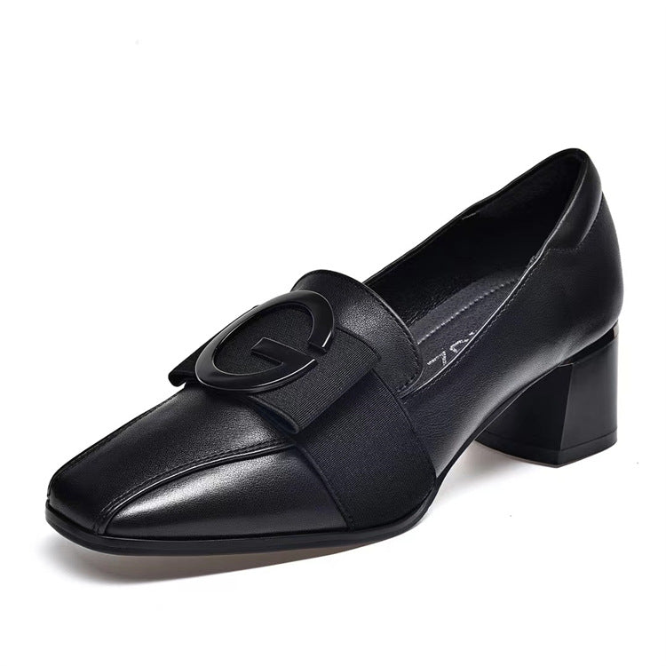 Women's Bottom Pumps Female Mid Chunky British Style Square Leather Shoes