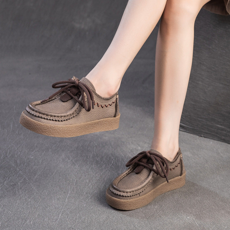 Women's Retro Platform Comfortable First Layer Cowhide British Women's Casual Shoes