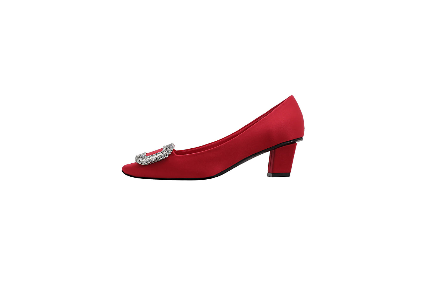 Women's High Black Satin Square Toe Chunky Rhinestone Women's Fashion Shoes