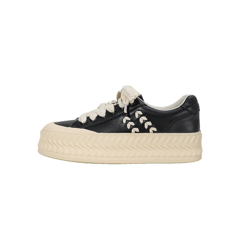 Women's Biscuit White Genuine Four Black Puff Contrast Color Sneakers