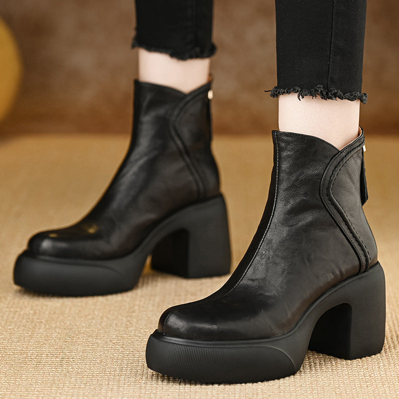 Waterproof Platform Round Head Ankle Female Soft Comfortable Women's Leather Boots