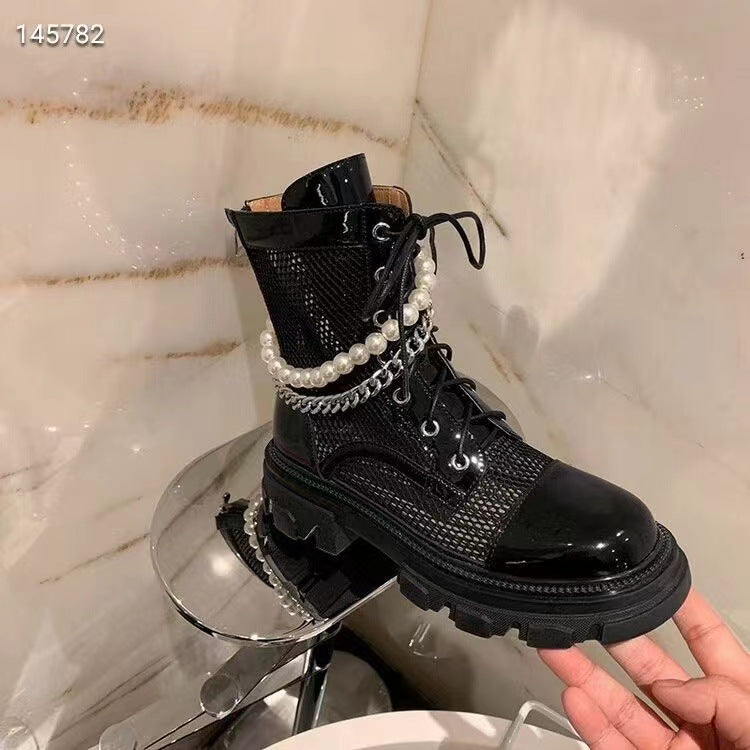 Women's Black Martin Pearl Chain Cool Patent Boots