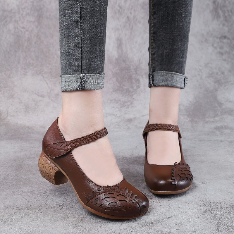 Women's Style Cowhide Shallow Mouth Four Pumps Thick Mid Casual Shoes