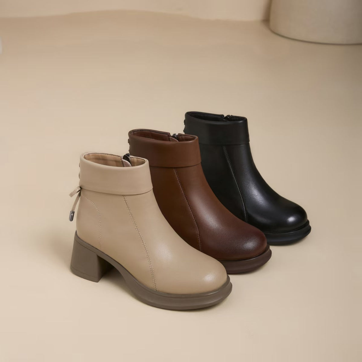 Women's Chunky Booties Martin Round Head High Women's Leather Boots