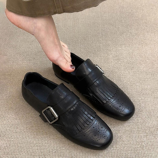 Women's Vintage Brogue Authentic Square Toe Black Belt Buckle Loafers