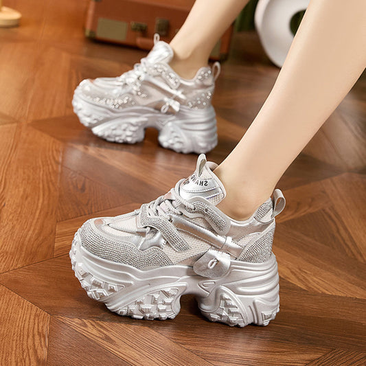 Women's Dad Spring Breathable Mesh Diamond Fashion Height Sneakers