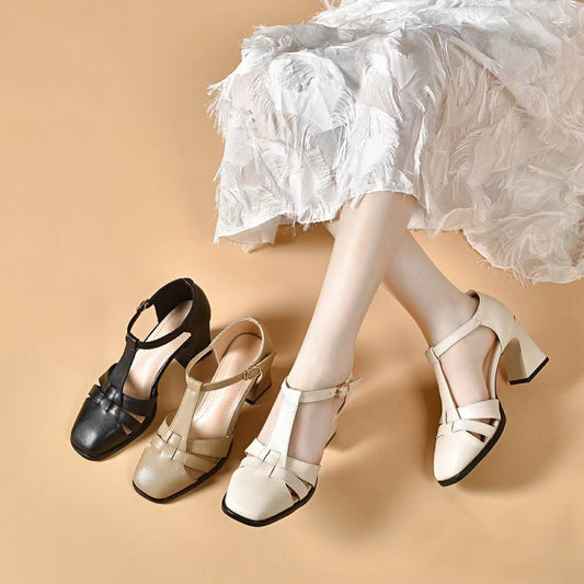 Women's French Style Closed Toe Summer Square Chunky High Genuine Buckle Sandals