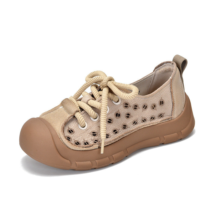 Women's First Layer Cowhide Closed Toe Hole Hollow Flat Retro Lace Platform Sandals