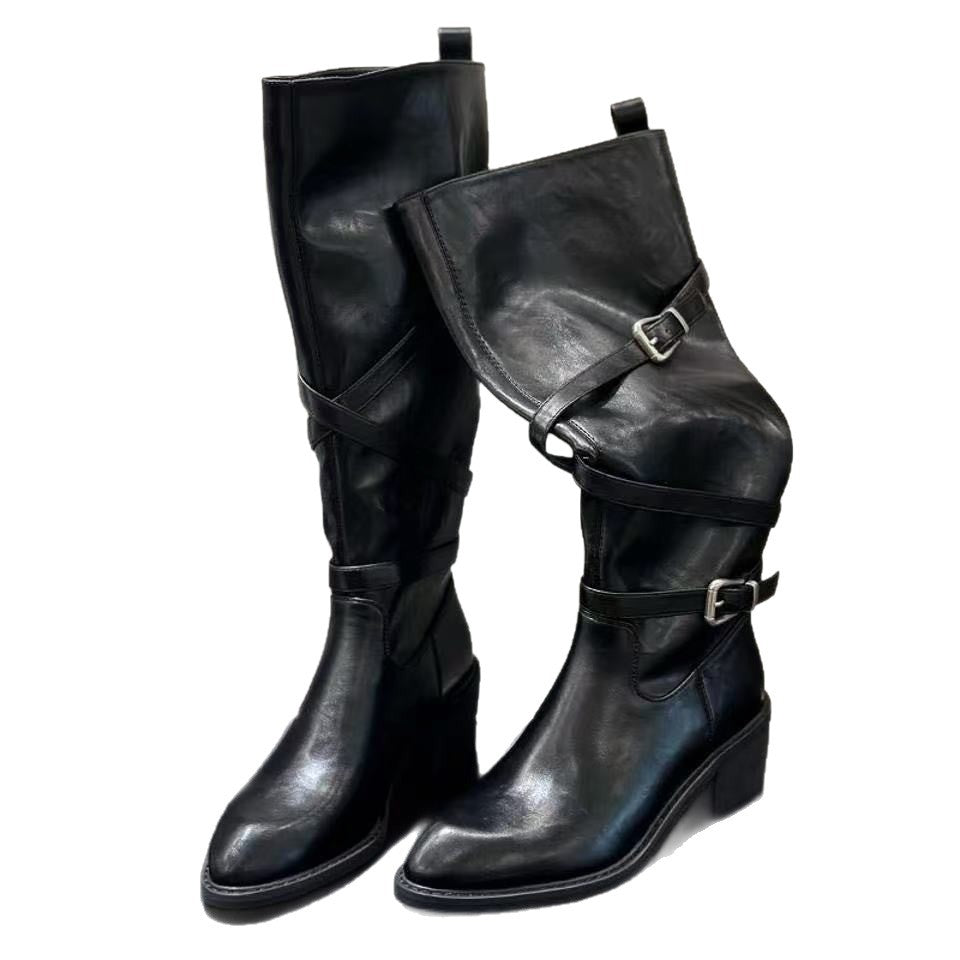 Leg Artifact Thick Bottom Cross Buckle Strap Below The Knee Women's Leather Boots