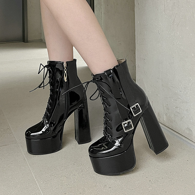Women's Short Patent Round Head Thick Bottom Super High Front Martin Women's Leather Boots