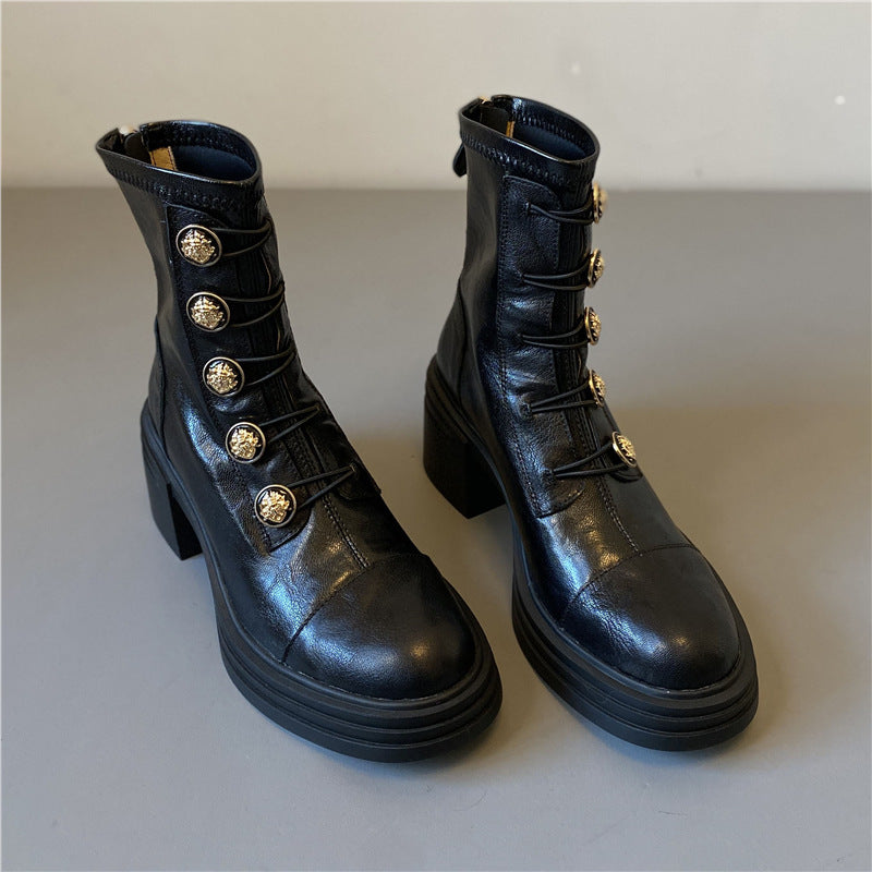 Golden Button Martin Female British Thick Skinny Women's Leather Boots