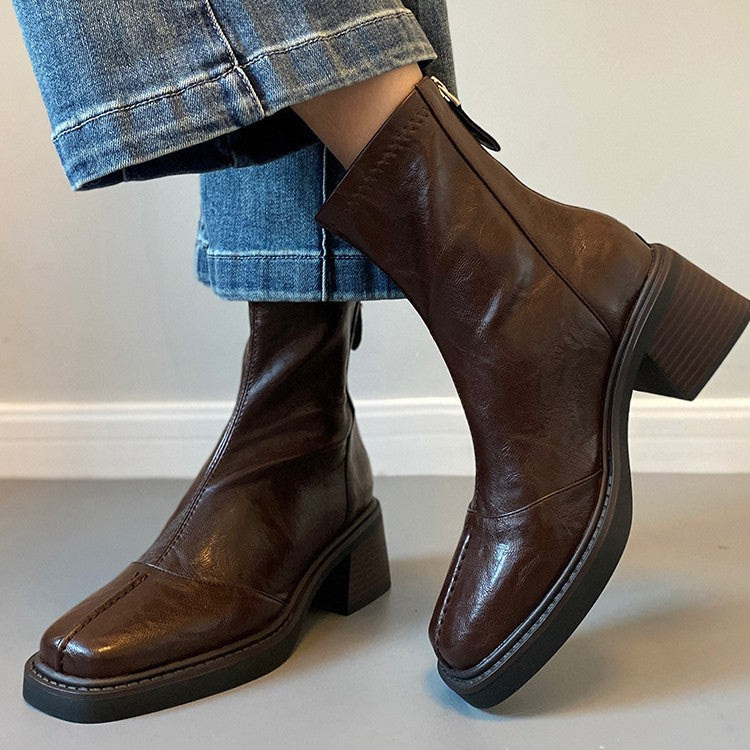 Women's Retro High Ankle Square Toe Stretch Pleated Women's Leather Boots