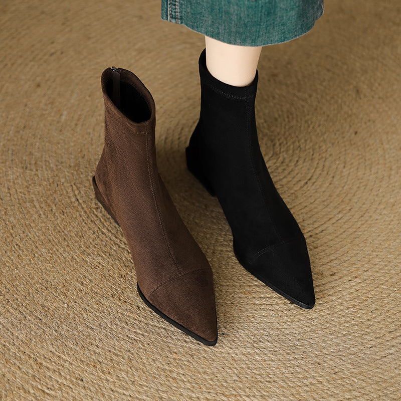 Women's Version Stretch Thin Slim Back Zipper Ankle Thick French Women's Leather Boots