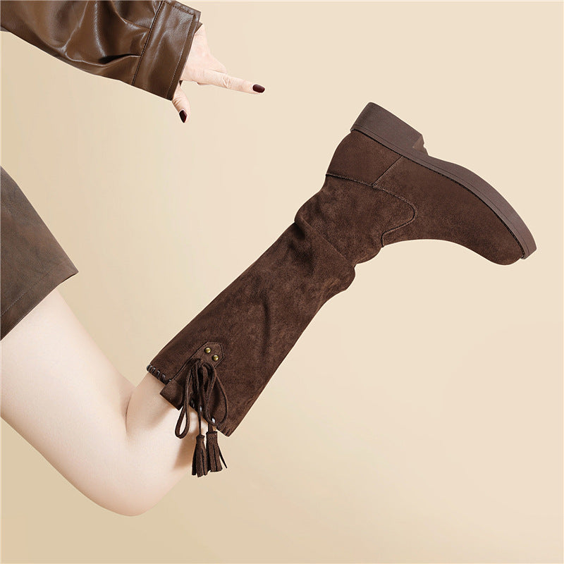 Women's Temperament Platform Knee-high Pile Style Western Cowboy Fashion Knight Women's Leather Boots
