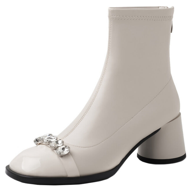 Women's Rhinestone French Round Head Chunky Stretch Thin Women's Leather Boots
