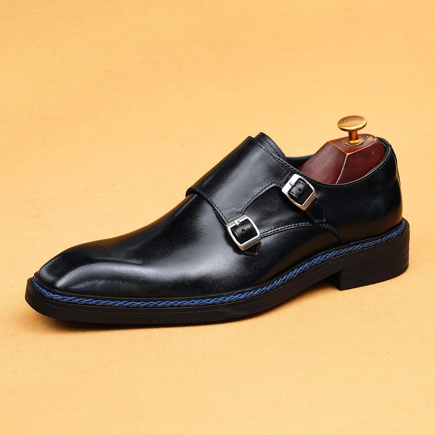 Men's Square Toe Genuine Formal Wear Norwegian Seam Buckle Men's Business Leather Shoes