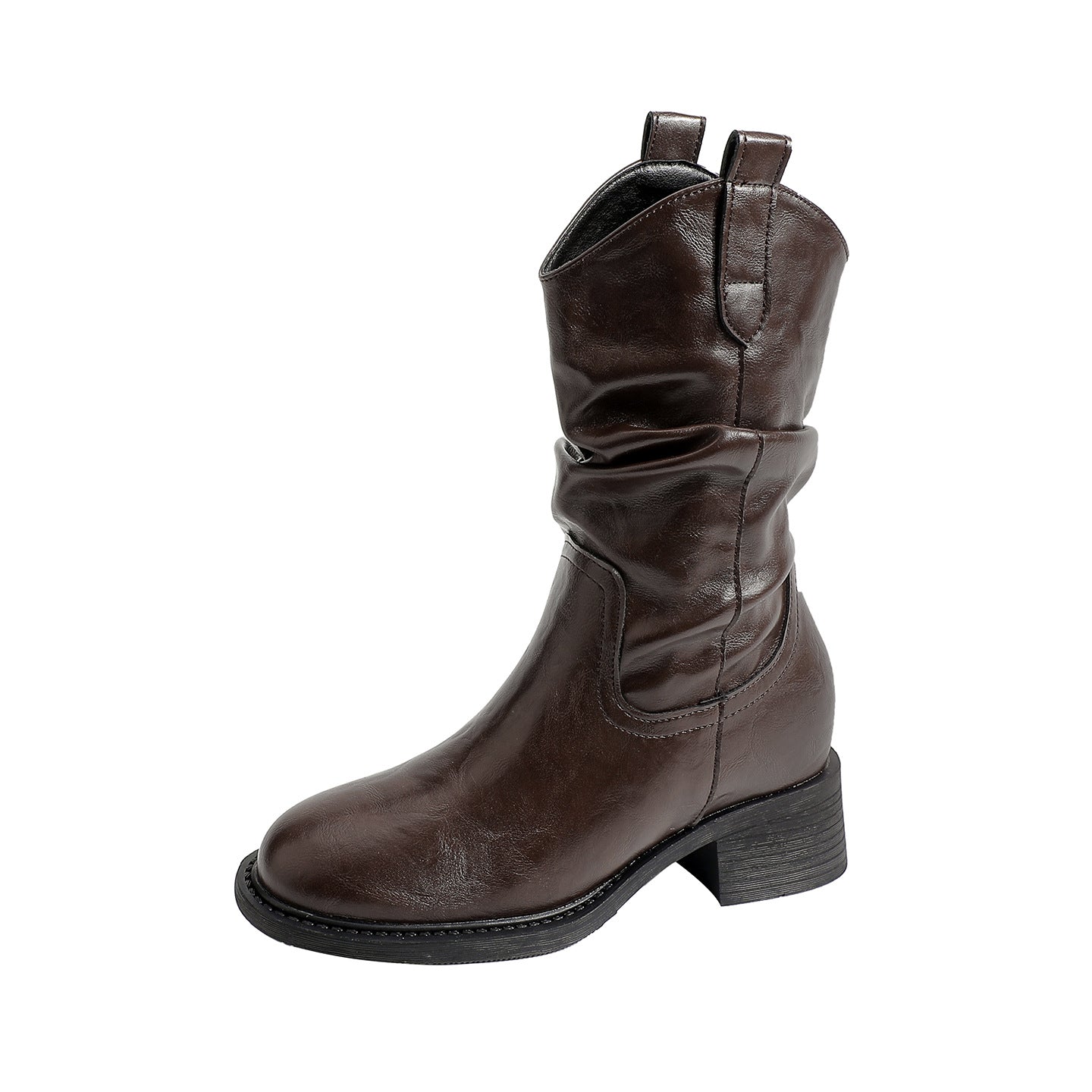 Women's Height Increasing Insole Round Toe Pleated Pile Style Western Women's Leather Boots