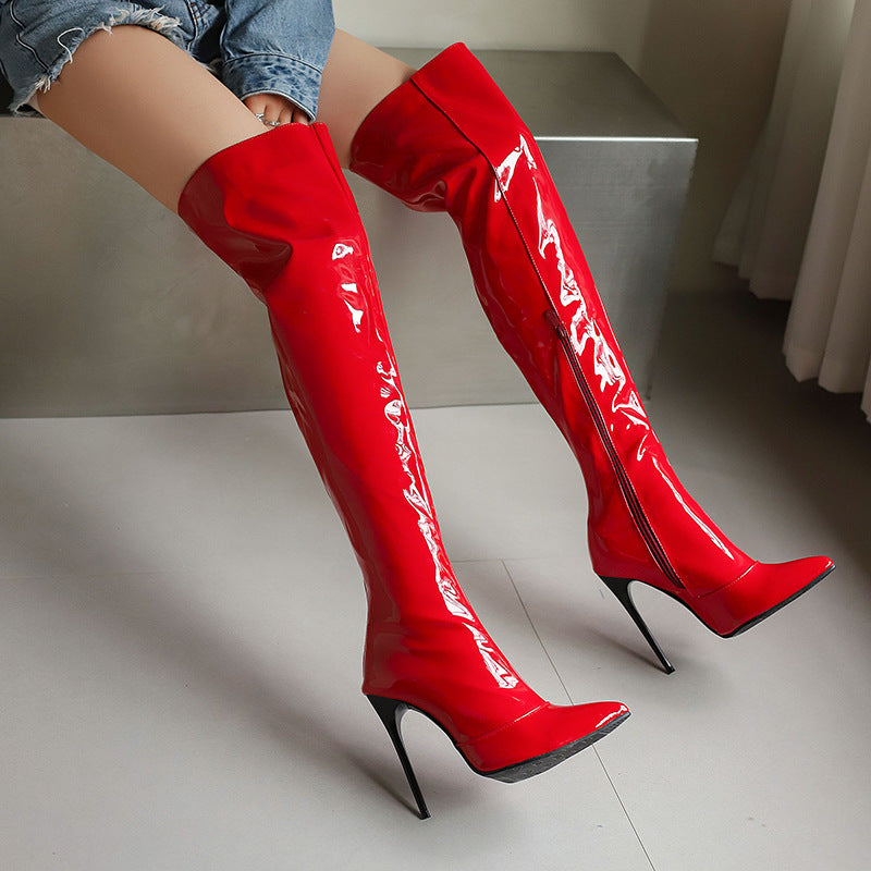 Women's Patent Knight Thin Super High Fashion Fried Street Large Women's Leather Boots