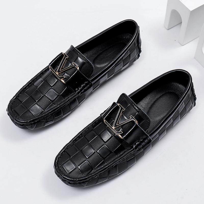 Men's Business Slip-on Flat Driving Plaid Cowhide Casual Shoes