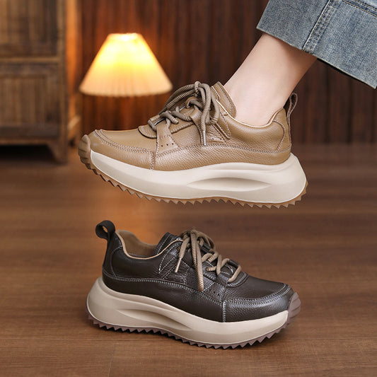 Women's First Layer Cowhide Platform Dad Comfortable Soft Bottom Round Casual Shoes
