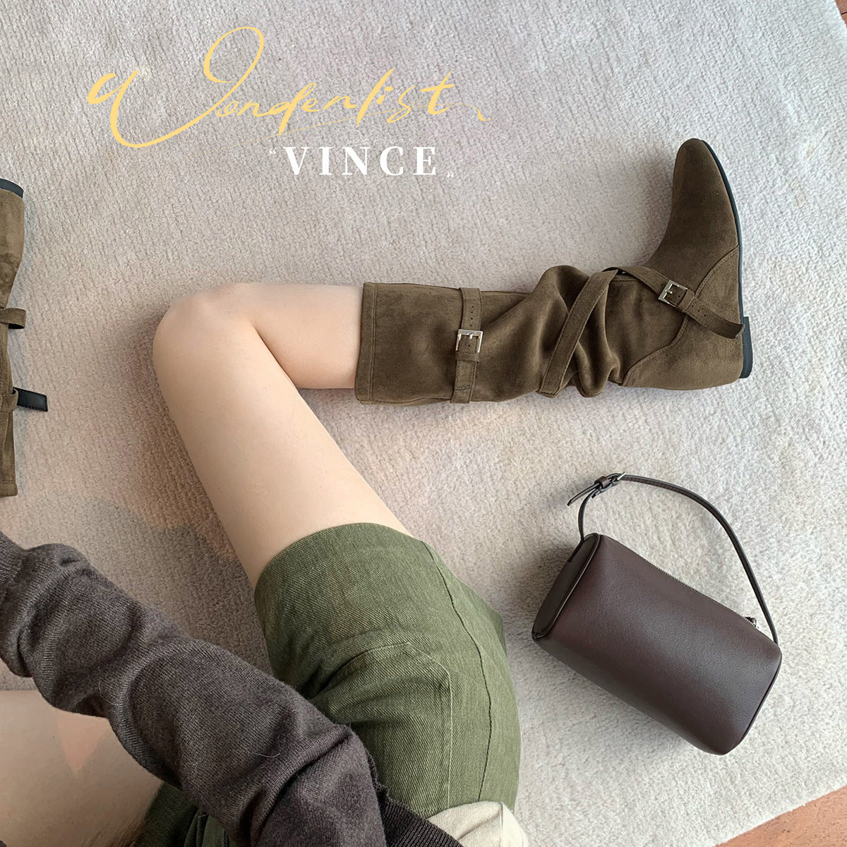 Women's Pile Style Height Increasing Korean Round Toe Buckle Soft Pleated Women's Leather Boots