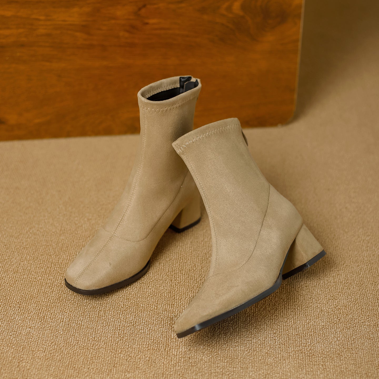 Women's French Square Toe Chunky Suede Ankle Boots