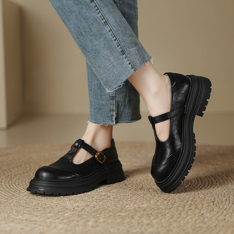 Women's Platform Vintage Mary Jane British Style Round Toe Leather Shoes