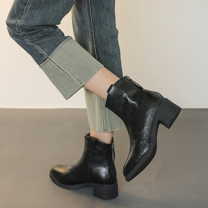 Women's Soft Bottom Chunky Short Commuter Thin Women's Leather Boots
