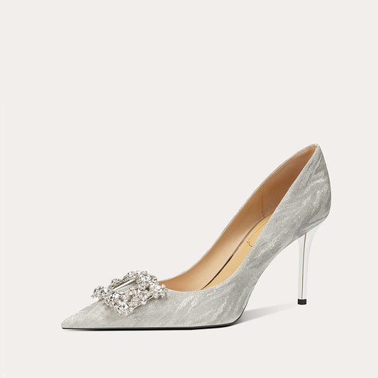 Women's French Style Officiate Bridal High Wedding Dress Square Buckle Rhinestone Women's Fashion Shoes