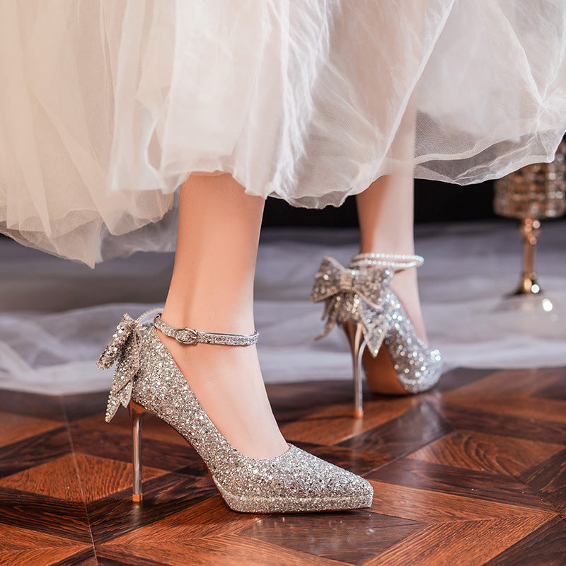 Women's Crystal Sequined Adult Ceremony Pearl Chain Bow Heels