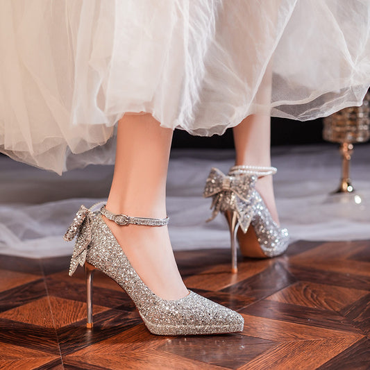 Women's Crystal Sequined Adult Ceremony Pearl Chain Bow Heels