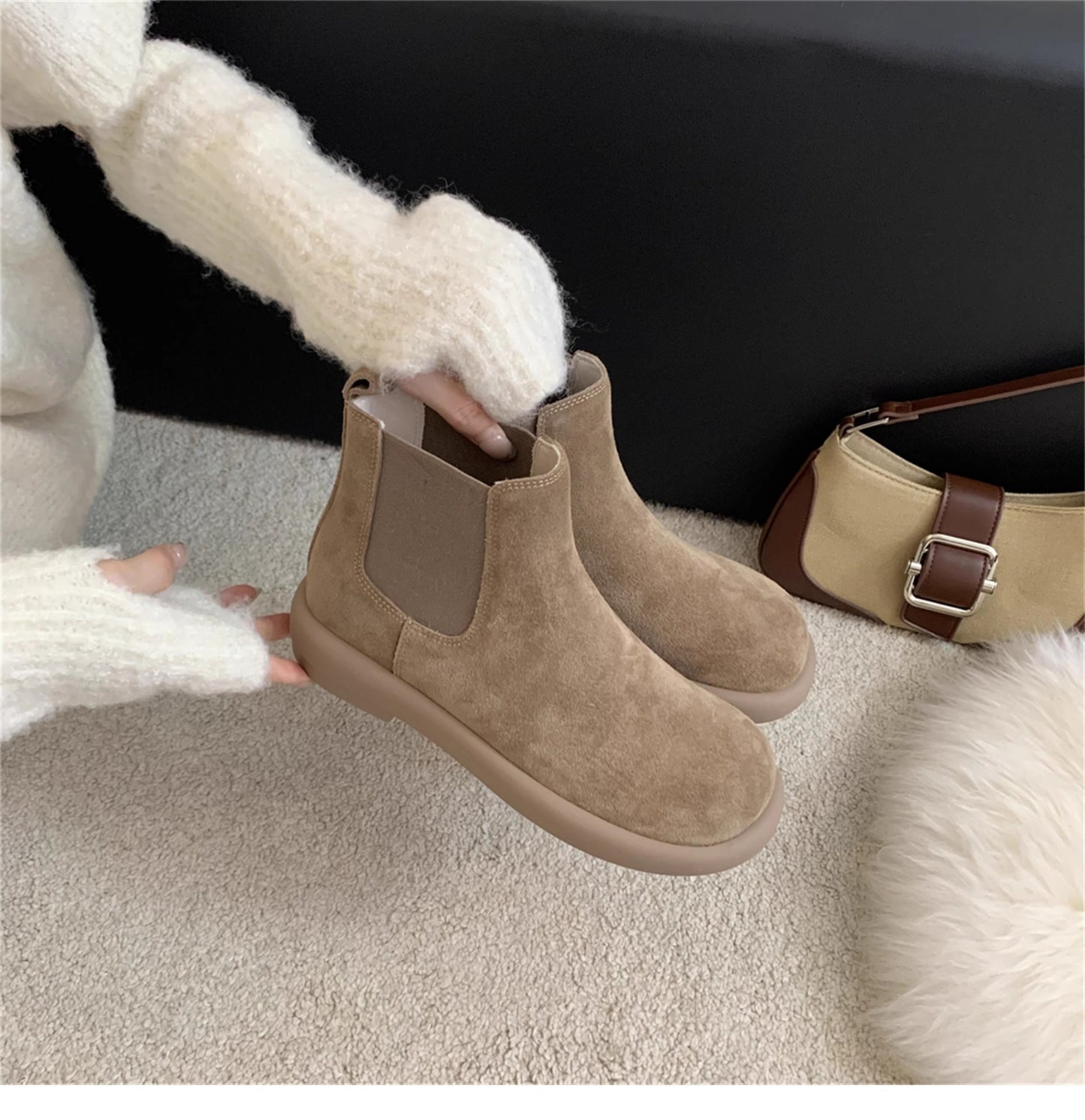 Women's Thick Bottom Retro Chelsea Sleeve British Women's Leather Boots