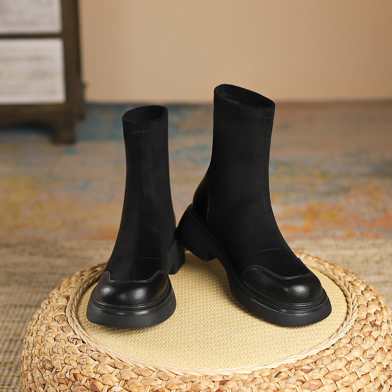 Women's Short Martin Retro Stretch Knight Platform Women's Leather Boots
