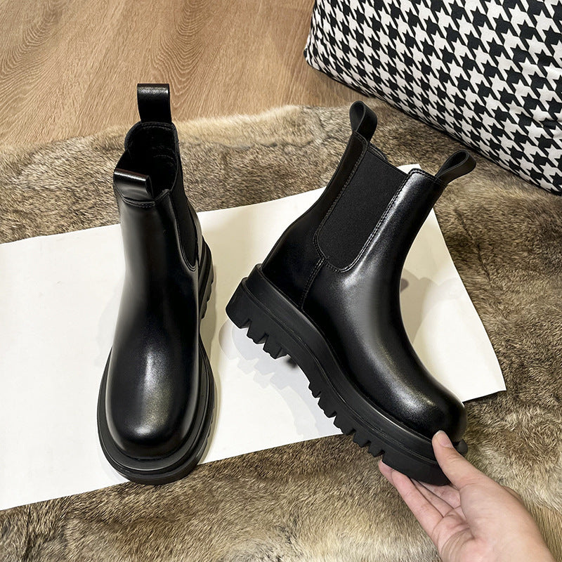 Women's Cowhide Version Fleece-lined Platform Chelsea Booties Hight Increasing Martin Women's Leather Boots