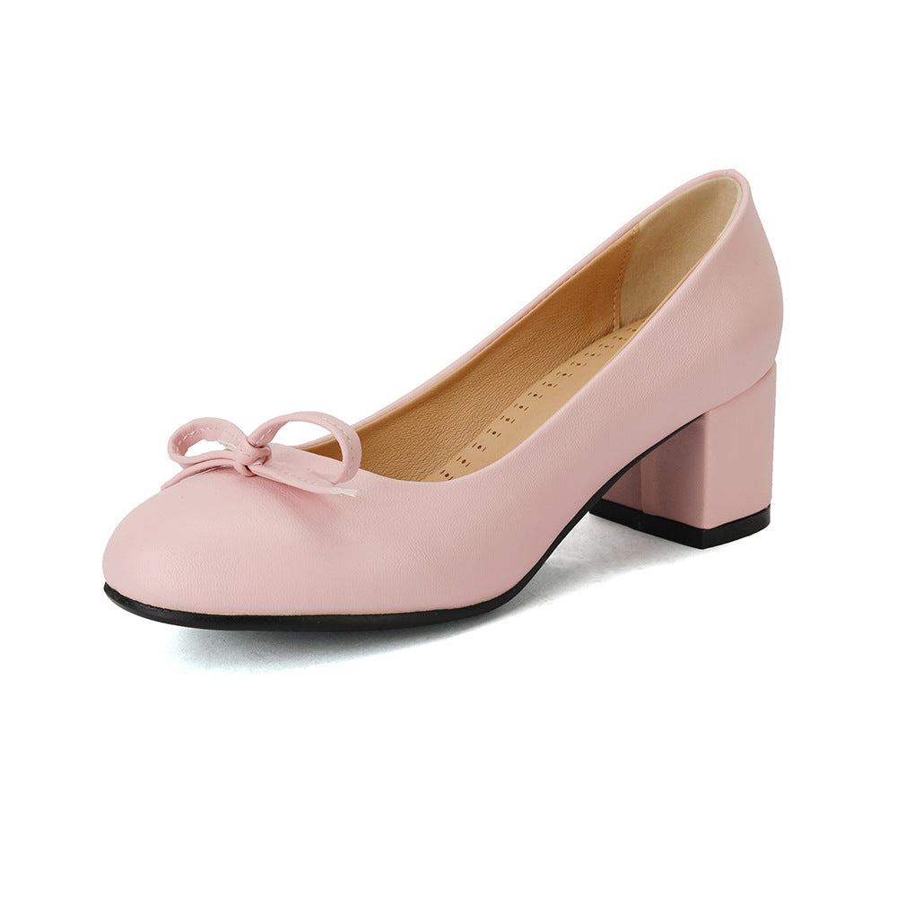 Women's Round Toe Bowknot Chunky Pumps Plus Size Mid Women's Fashion Shoes