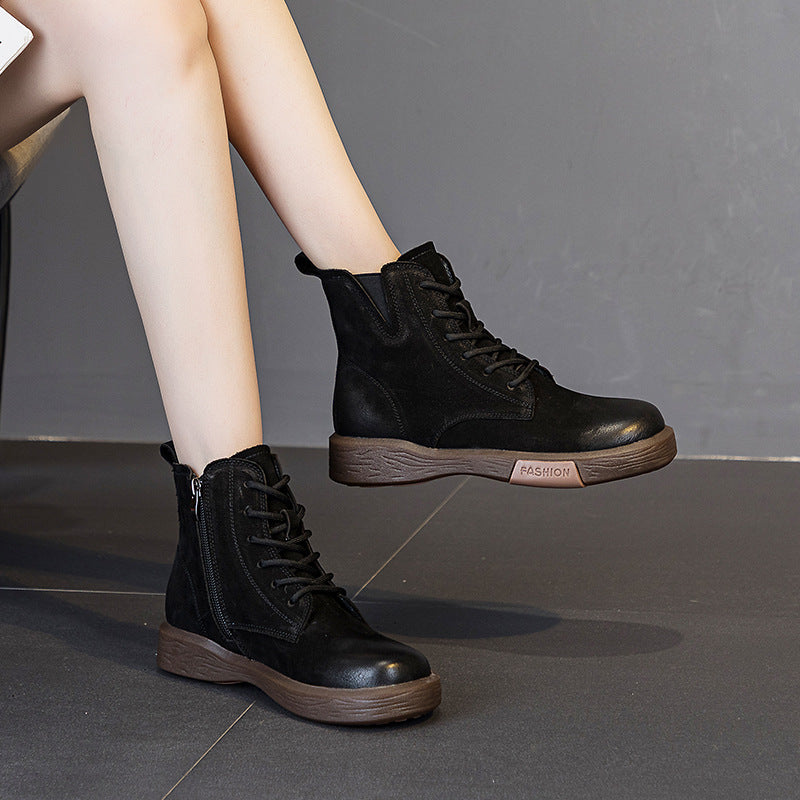 Women's Layer Cowhide Retro Lace Up Ankle Side Zipper Casual Shoes