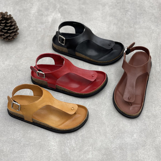 Women's Handmade Genuine Herringbone Toe Covering Solid Color Square Buckle Simple Flat Sandals