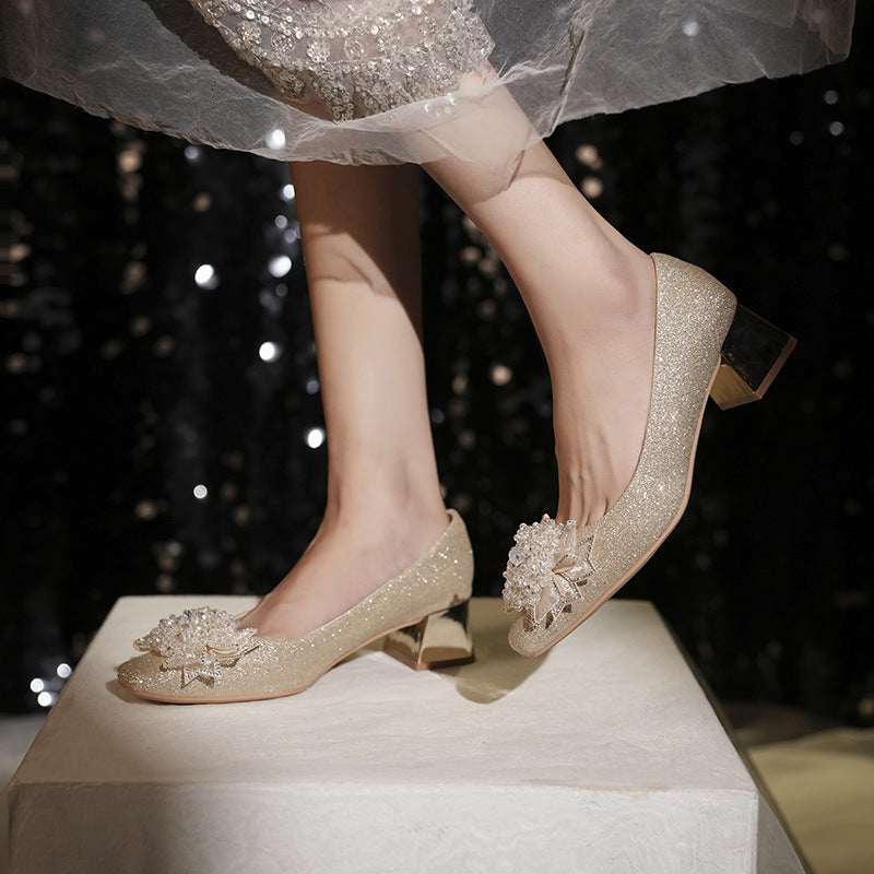 Women's Toe Rhinestone Bow Thin Glittering Main Wedding Dress Chunky Banquet Heels