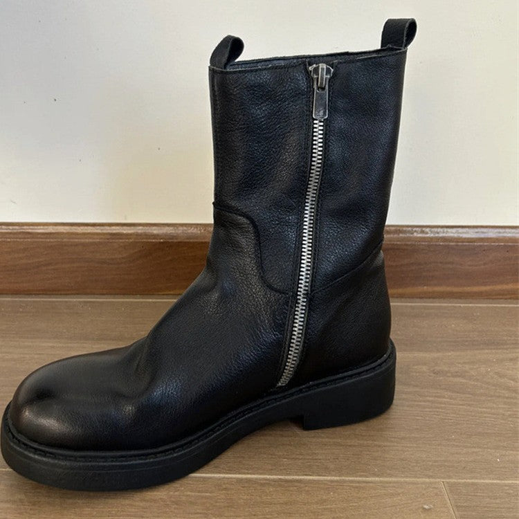 Soft Cowhide Martin Side Zipper Fashion British Round Women's Leather Boots