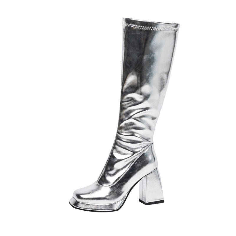 Women's Thick Bottom Chunky Side Zipper Gold Women's Leather Boots