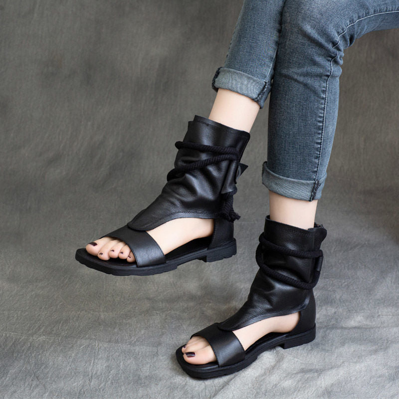 Summer Handmade Genuine Retro Bottom Soft Back Zipper Peep Boots
