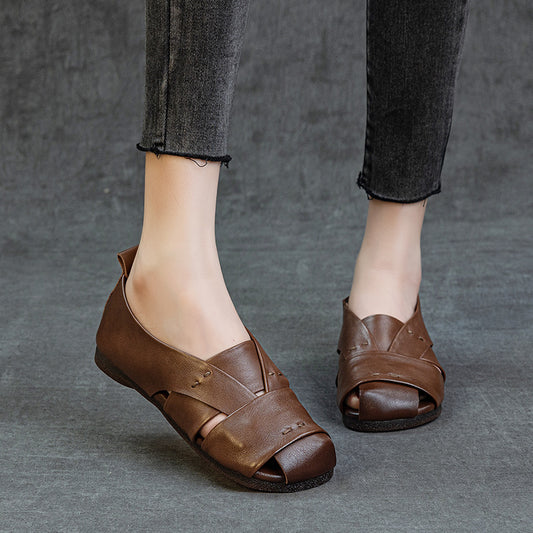 Women's Cowhide Retro Handmade Flat Soft Bottom Summer Sandals