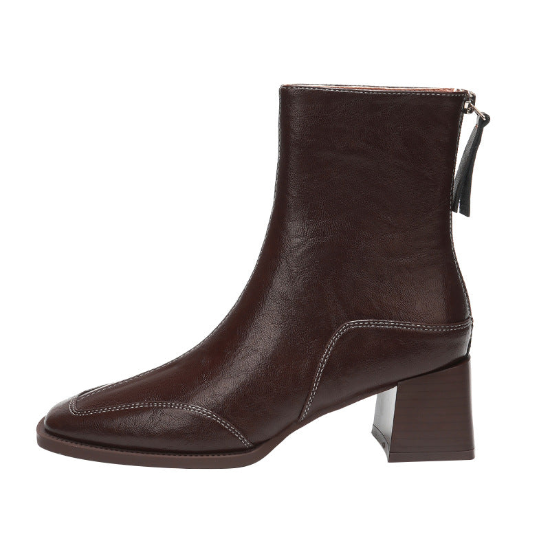 Women's High Short For Chunky Martin British Style Red Brown Heels