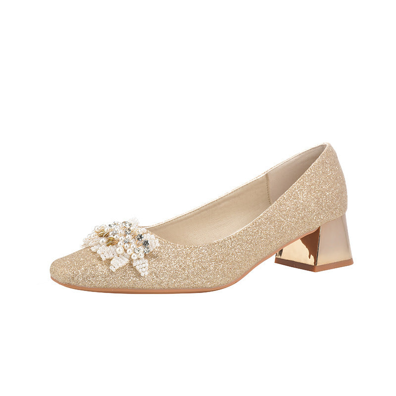 Women's Square Toe Rhinestone Pearl Sequins Thin Glittering Main Wedding Women's Casual Shoes