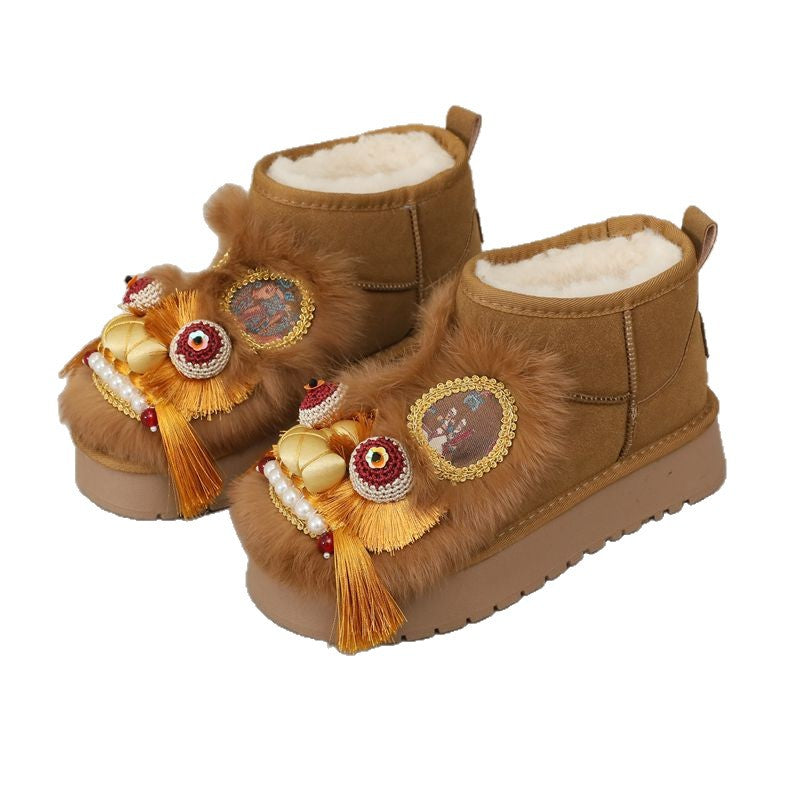 Winter Handmade Tiger Head Rabbit Fur Flat Bottom Comfort Cotton Women's Snow Boots