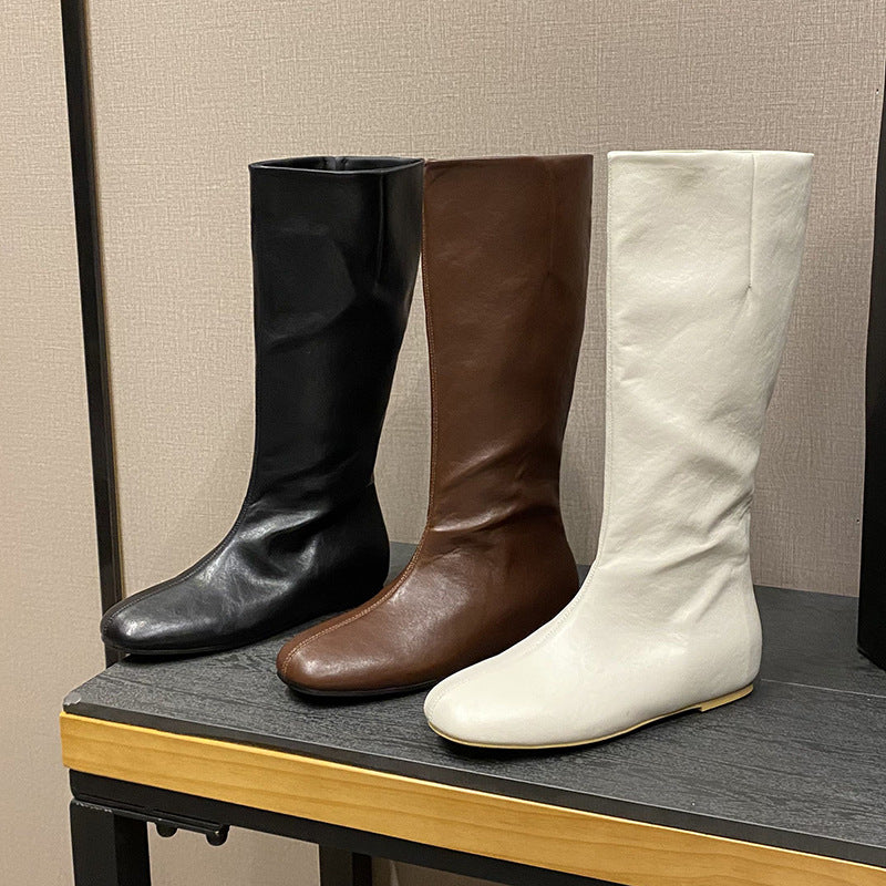 Veet High Female Retro Square Sleeve Women's Leather Boots