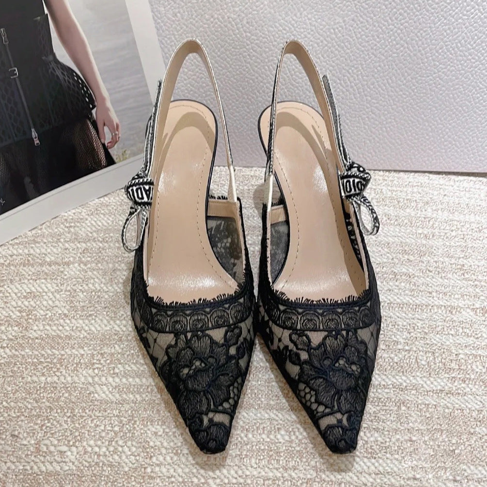 Women's Tassel Letter Summer Bow Pointed Toe Kitten Transparent High Heeled Sandals