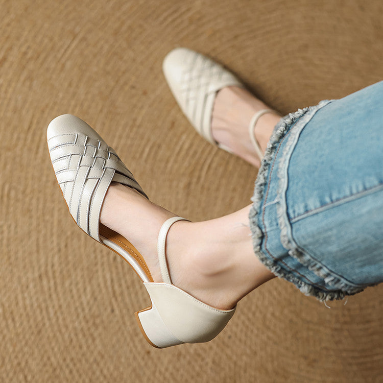 Women's Style Woven Closed Toe Hollowed Summer Round Buckle High Heeled Sandals